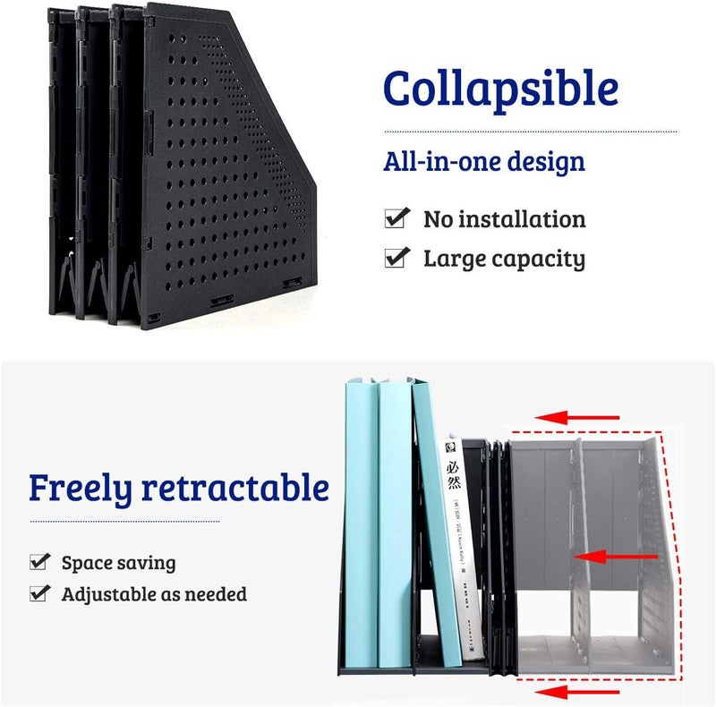 SAYEEC Collapsible Magazine Holder Plastic Desktop 4 Compartment File Rack Magazine Organizer Vertical File Divider Sorter Storage Document Organizer for Office Home School Black - Image 3